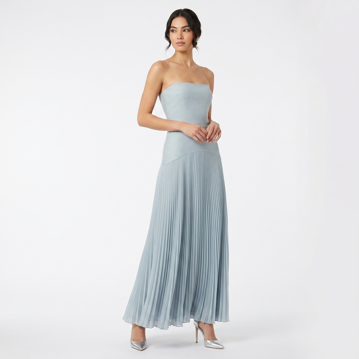Women's Strapless Pleated Maxi Dress Accordion Pleat A-Line Formal Bridesmaid Gown