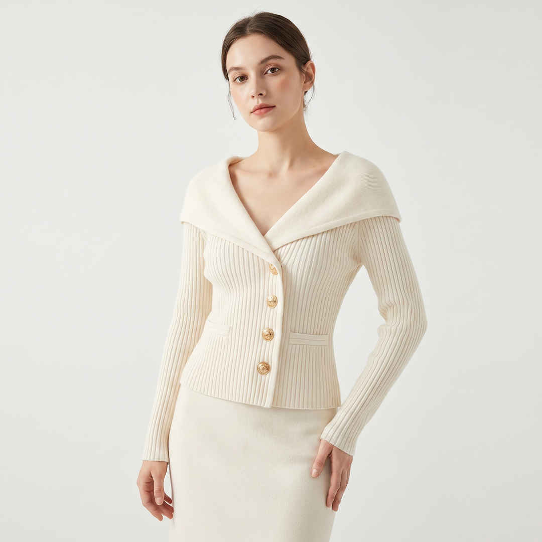 Women's Wide Lapel Bardot Ribbed Knit Cardigan Gold Button Fitted Sweater Jacket