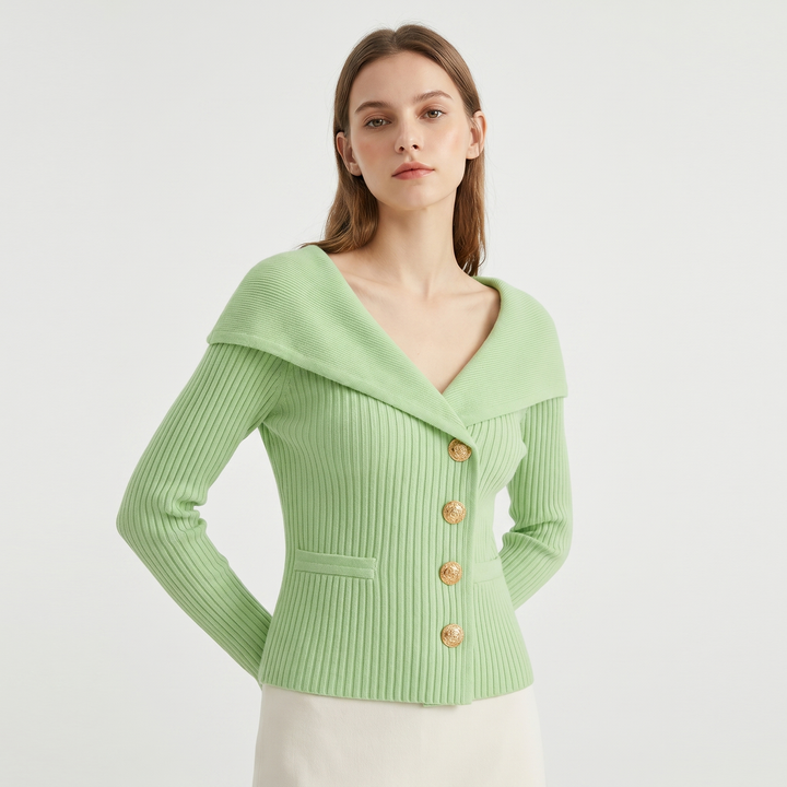 Women's Wide Lapel Bardot Ribbed Knit Cardigan Gold Button Fitted Sweater Jacket