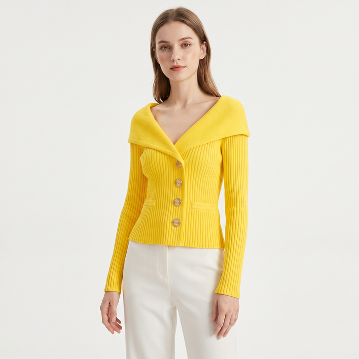 Women's Wide Lapel Bardot Ribbed Knit Cardigan Gold Button Fitted Sweater Jacket