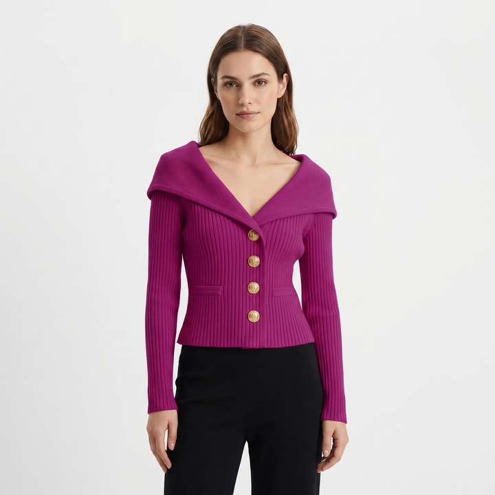 Women's Wide Lapel Bardot Ribbed Knit Cardigan Gold Button Fitted Sweater Jacket