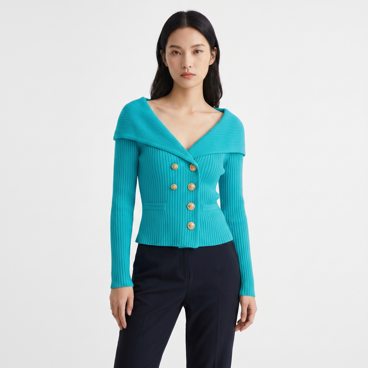 Women's Wide Lapel Bardot Ribbed Knit Cardigan Gold Button Fitted Sweater Jacket