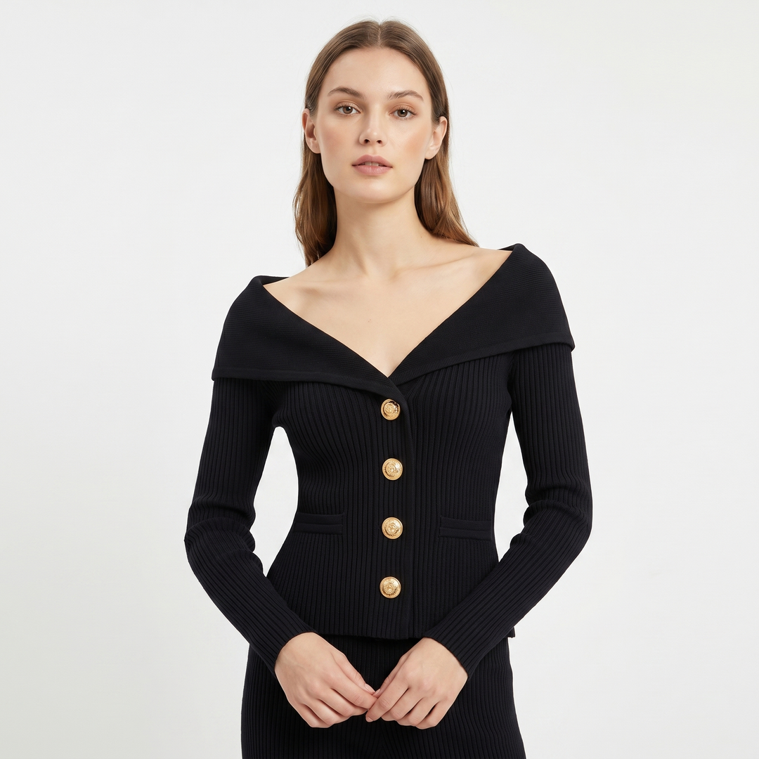 Women's Wide Lapel Bardot Ribbed Knit Cardigan Gold Button Fitted Sweater Jacket