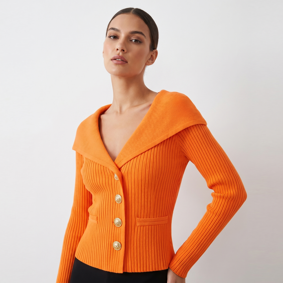 Women's Wide Lapel Bardot Ribbed Knit Cardigan Gold Button Fitted Sweater Jacket