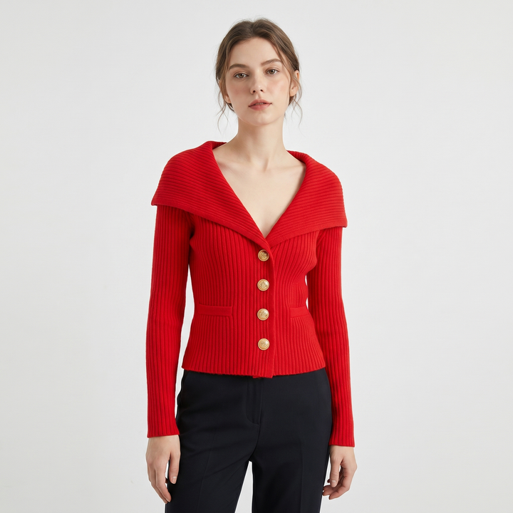 Women's Wide Lapel Bardot Ribbed Knit Cardigan Gold Button Fitted Sweater Jacket
