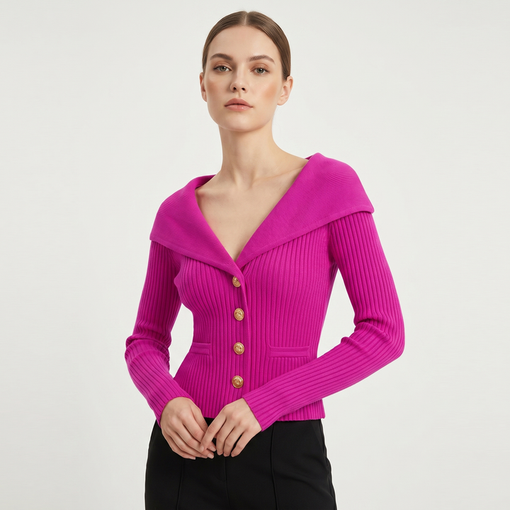 Women's Wide Lapel Bardot Ribbed Knit Cardigan Gold Button Fitted Sweater Jacket