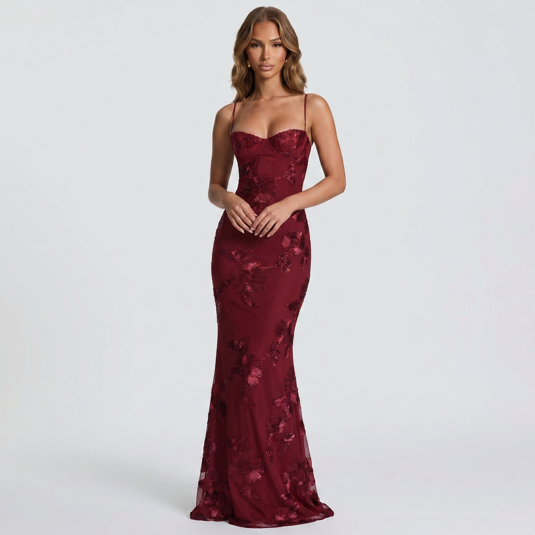 Women's Floral Lace Applique Corset Maxi Dress Spaghetti Strap Mermaid Formal Gown
