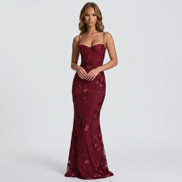 Women's Floral Lace Applique Corset Maxi Dress Spaghetti Strap Mermaid Formal Gown