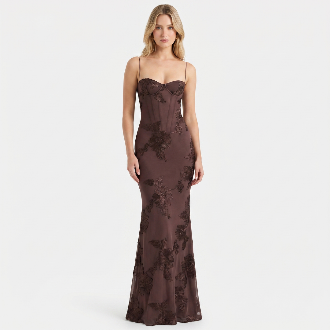 Women's Floral Lace Applique Corset Maxi Dress Spaghetti Strap Mermaid Formal Gown