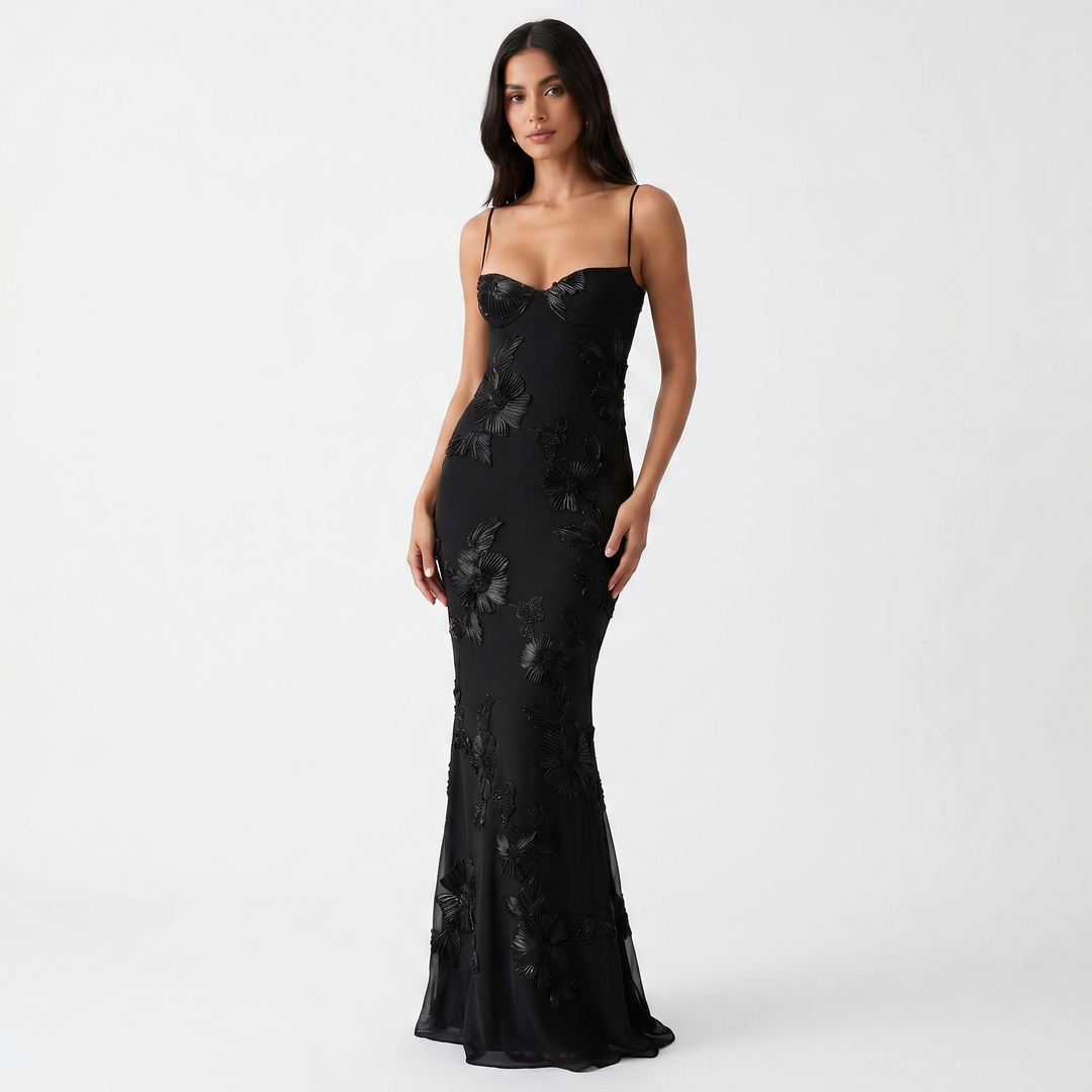 Women's Floral Lace Applique Corset Maxi Dress Spaghetti Strap Mermaid Formal Gown