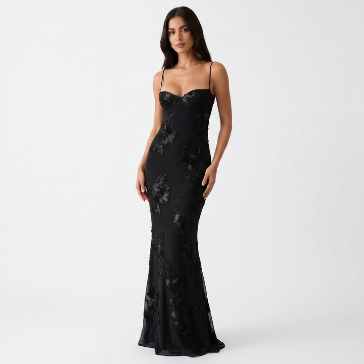 Women's Floral Lace Applique Corset Maxi Dress Spaghetti Strap Mermaid Formal Gown