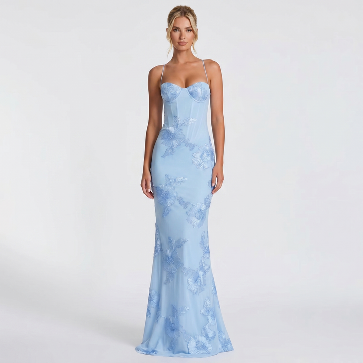 Women's Floral Lace Applique Corset Maxi Dress Spaghetti Strap Mermaid Formal Gown