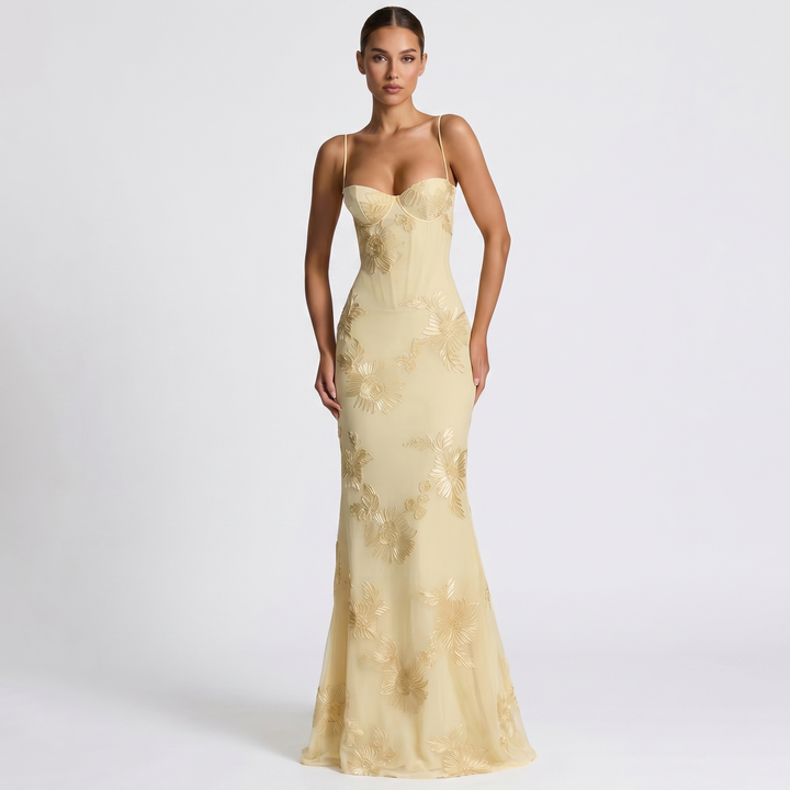 Women's Floral Lace Applique Corset Maxi Dress Spaghetti Strap Mermaid Formal Gown