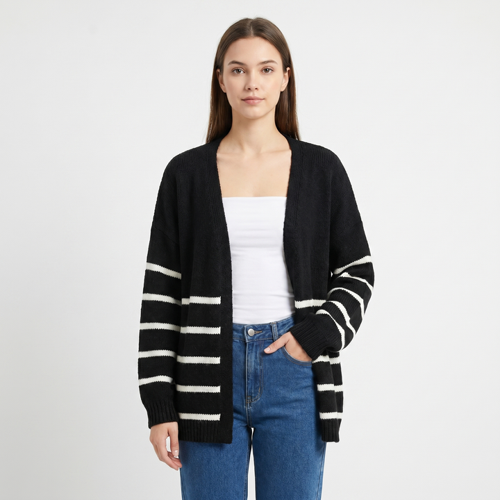 Women's Striped Open Front Cardigan Oversized Balloon Sleeve Soft Knit Casual Sweater