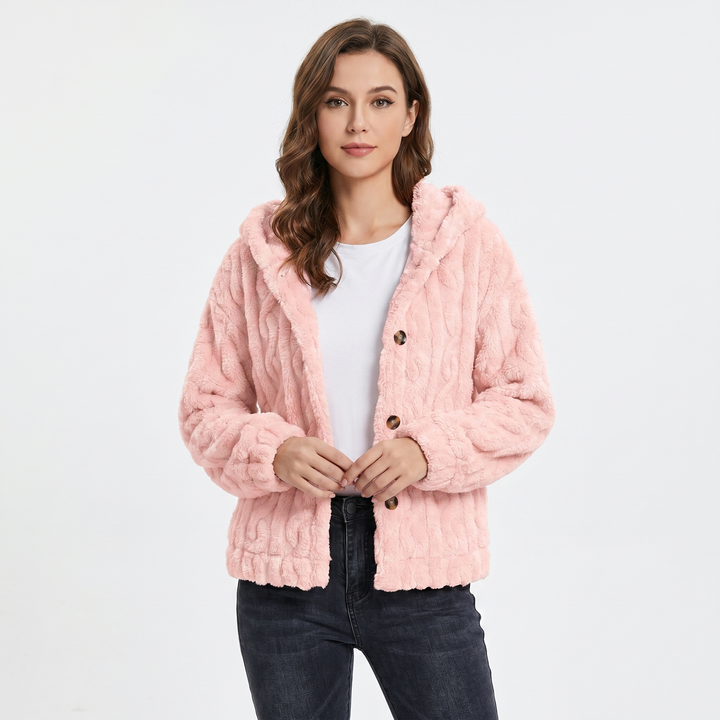 Women's Fluffy Fleece Cable Texture Hooded Cardigan Button Front Cosy Winter Jacket