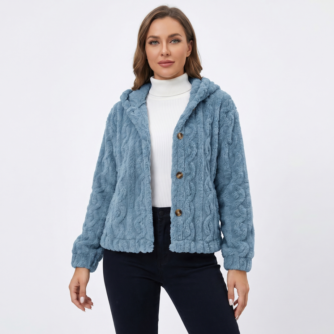 Women's Fluffy Fleece Cable Texture Hooded Cardigan Button Front Cosy Winter Jacket