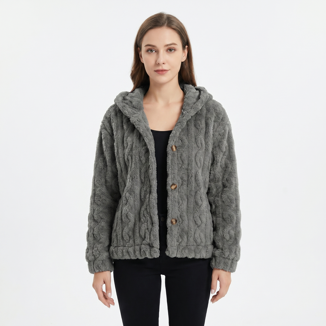 Women's Fluffy Fleece Cable Texture Hooded Cardigan Button Front Cosy Winter Jacket