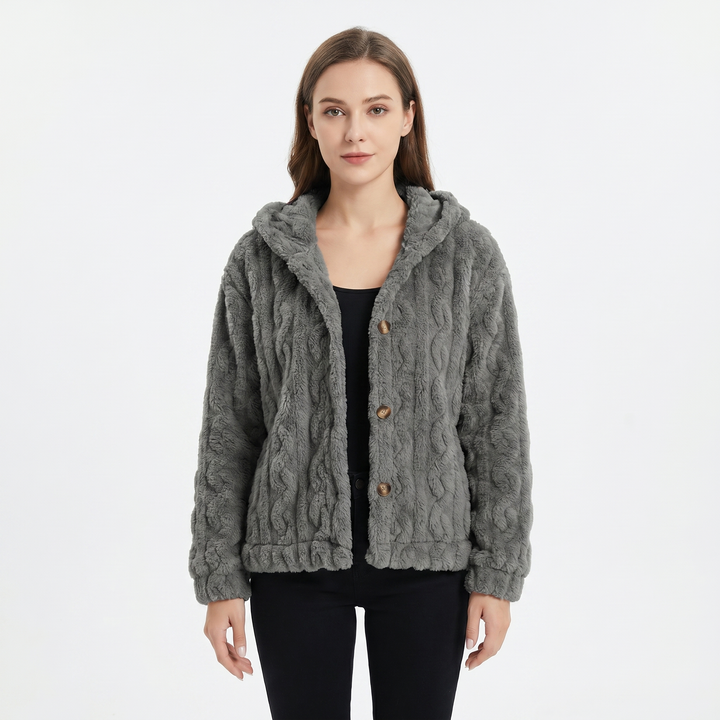 Women's Fluffy Fleece Cable Texture Hooded Cardigan Button Front Cosy Winter Jacket