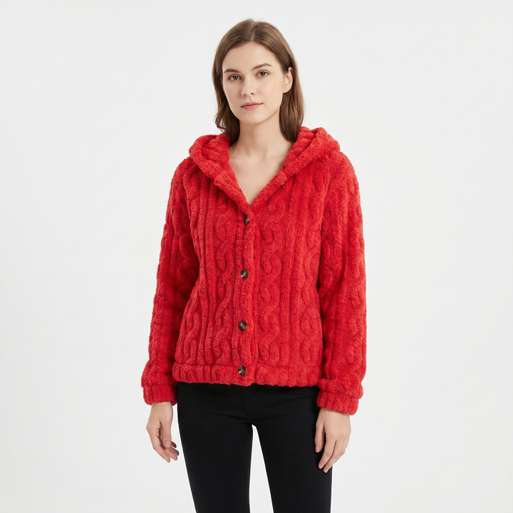 Women's Fluffy Fleece Cable Texture Hooded Cardigan Button Front Cosy Winter Jacket