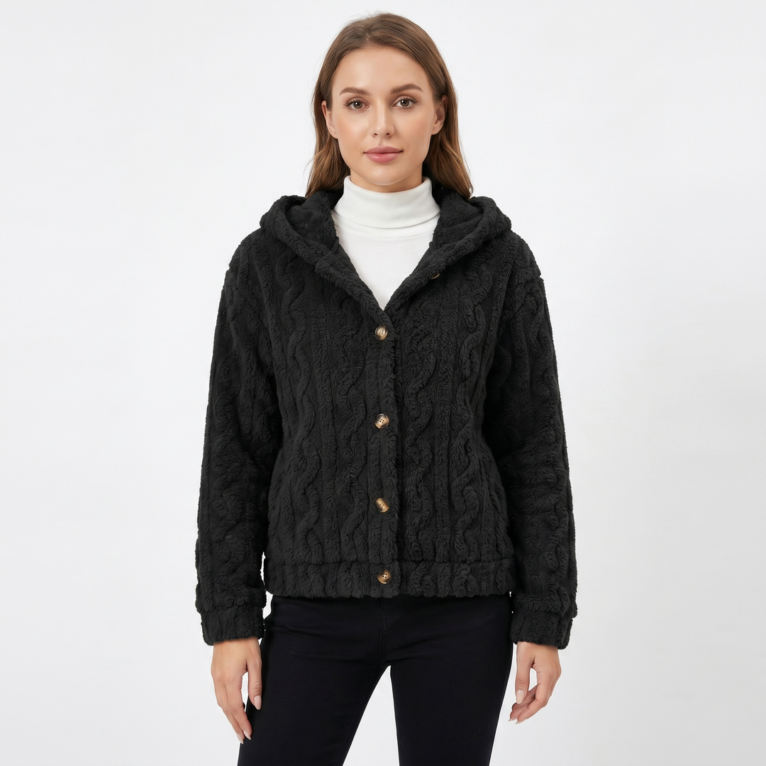 Women's Fluffy Fleece Cable Texture Hooded Cardigan Button Front Cosy Winter Jacket