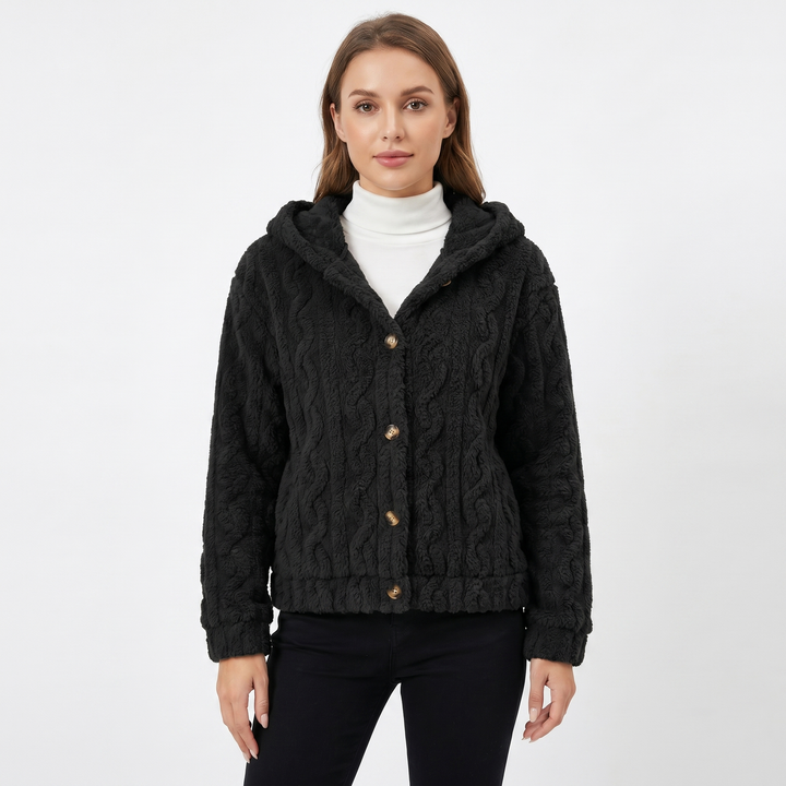 Women's Fluffy Fleece Cable Texture Hooded Cardigan Button Front Cosy Winter Jacket