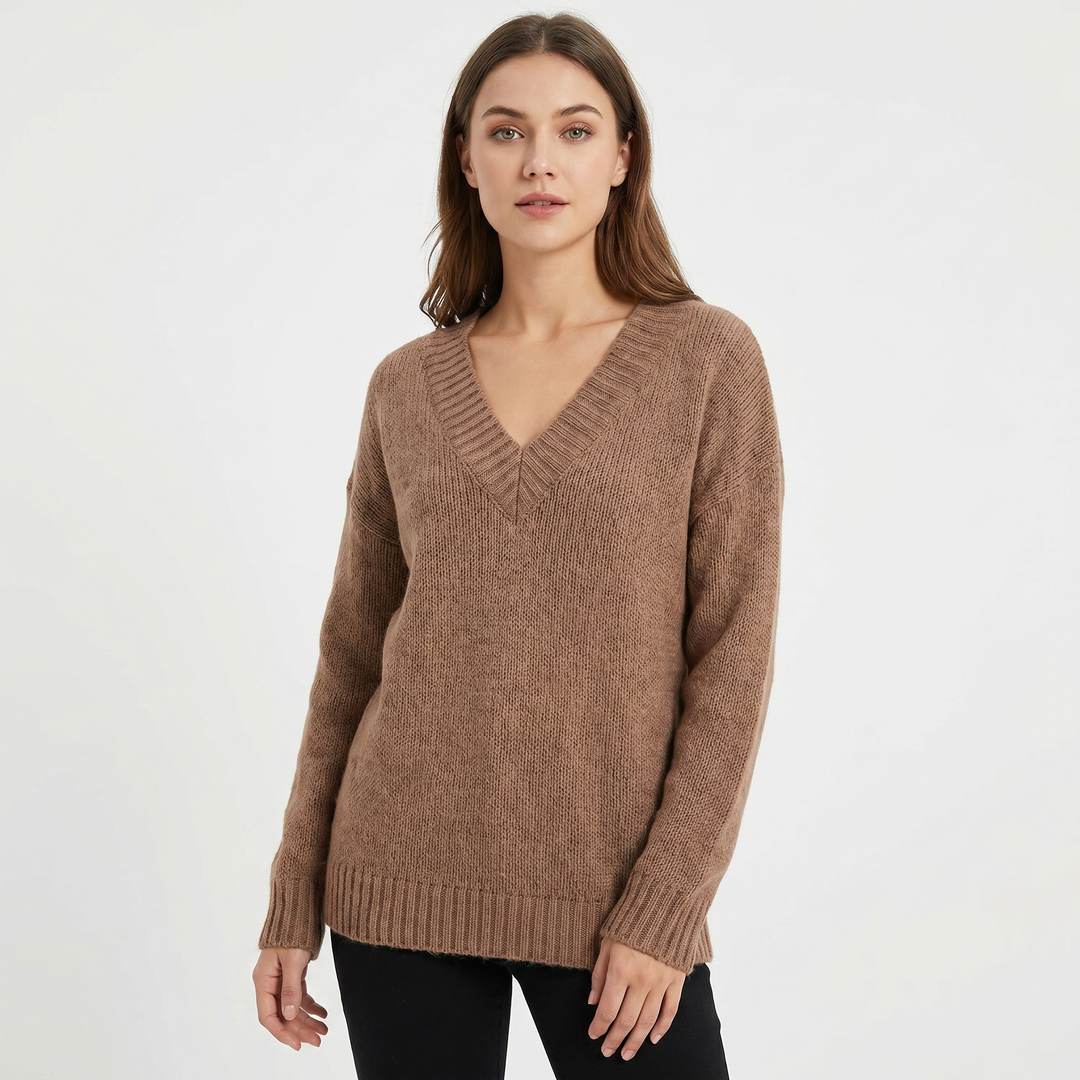 Women's V Neck Oversized Knit Sweater Longline Relaxed Fit Soft Wool Blend Pullover