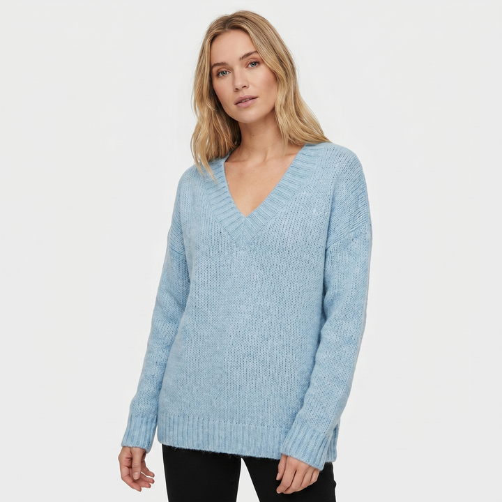 Women's V Neck Oversized Knit Sweater Longline Relaxed Fit Soft Wool Blend Pullover