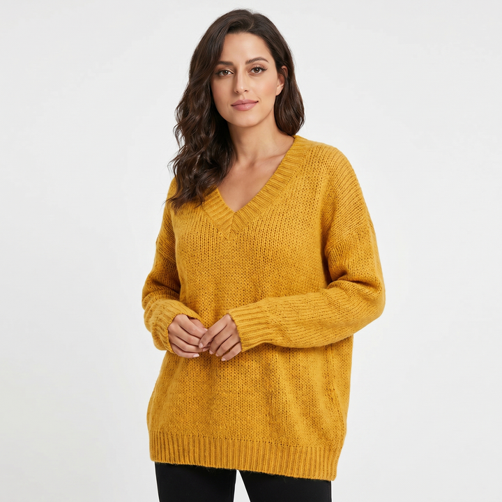 Women's V Neck Oversized Knit Sweater Longline Relaxed Fit Soft Wool Blend Pullover