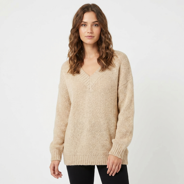 Women's V Neck Oversized Knit Sweater Longline Relaxed Fit Soft Wool Blend Pullover