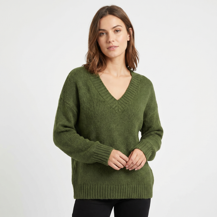 Women's V Neck Oversized Knit Sweater Longline Relaxed Fit Soft Wool Blend Pullover