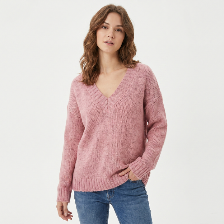 Women's V Neck Oversized Knit Sweater Longline Relaxed Fit Soft Wool Blend Pullover