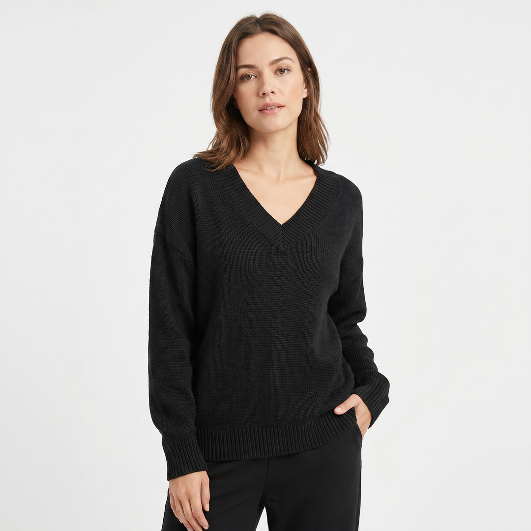 Women's V Neck Oversized Knit Sweater Longline Relaxed Fit Soft Wool Blend Pullover