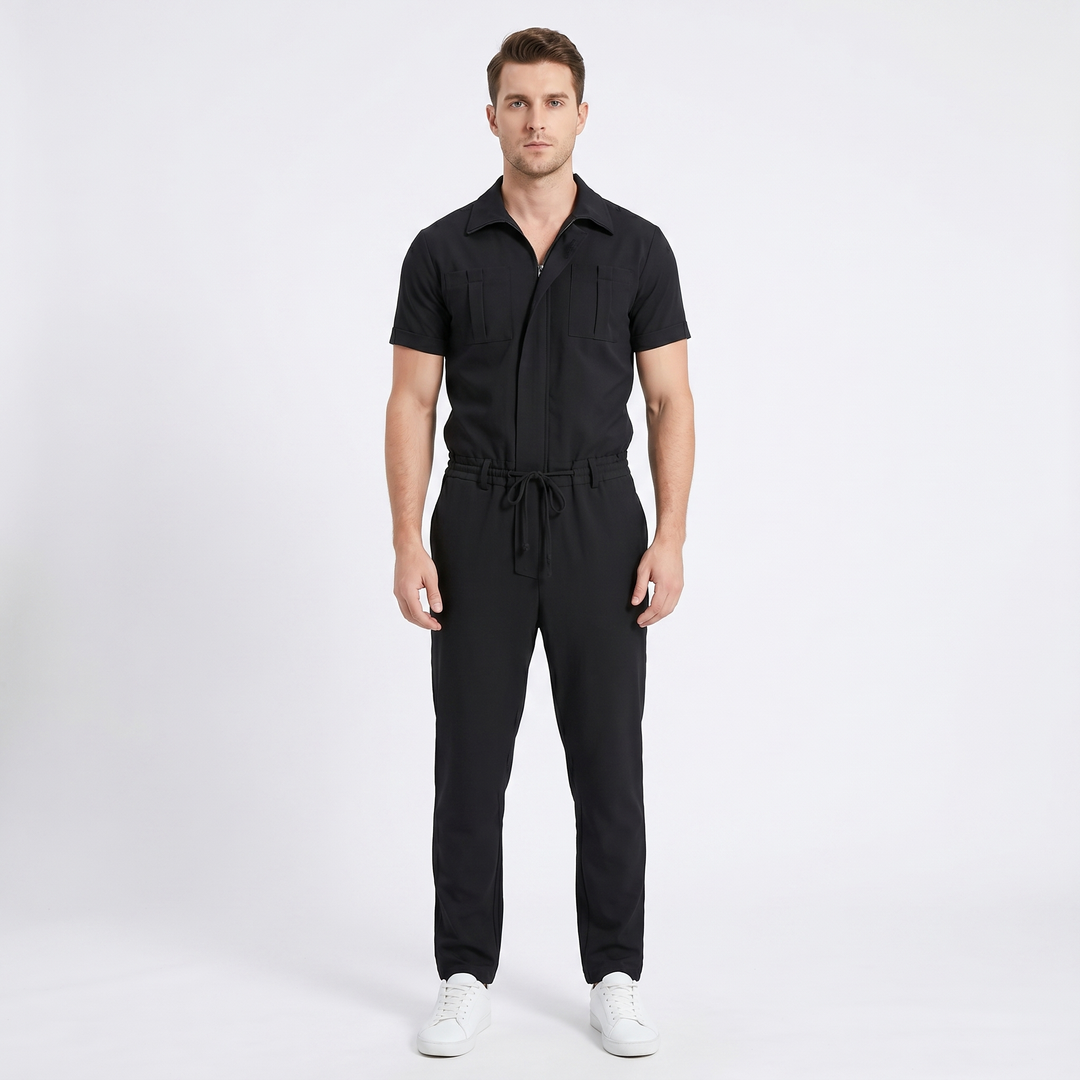 Men's Short Sleeve Jumpsuit Zip Front Drawstring Waist Cargo Casual Romper