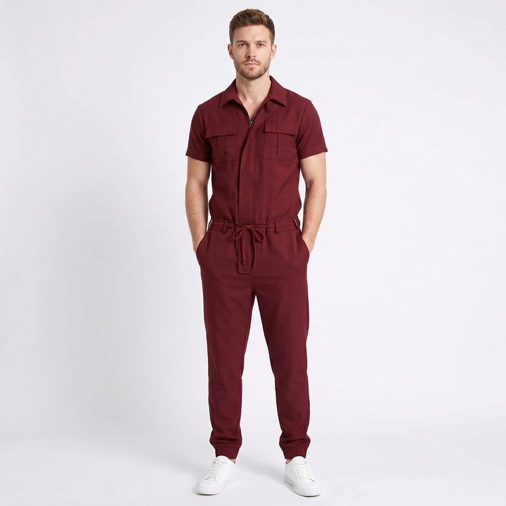 Men's Short Sleeve Jumpsuit Zip Front Drawstring Waist Cargo Casual Romper