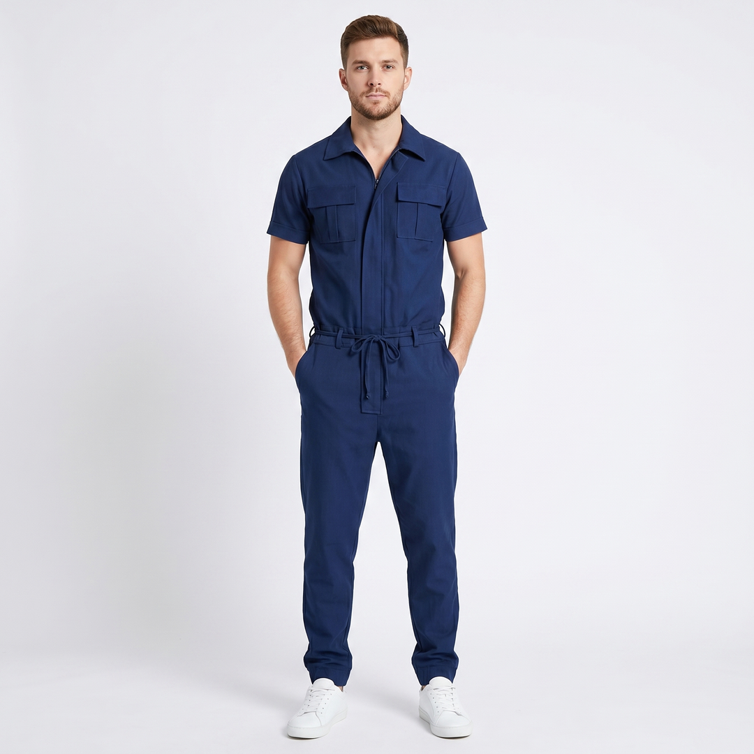 Men's Short Sleeve Jumpsuit Zip Front Drawstring Waist Cargo Casual Romper
