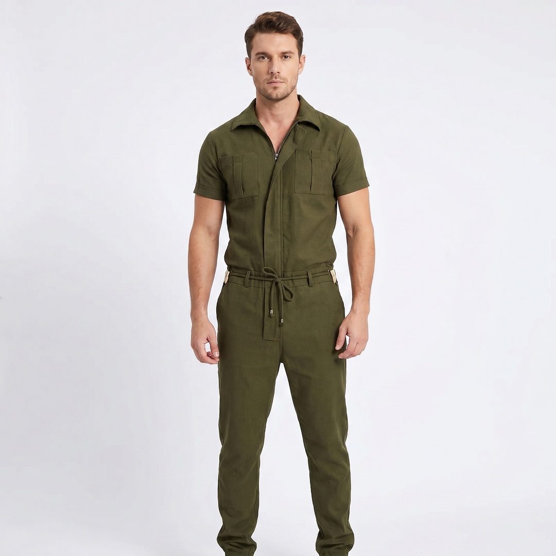 Men's Short Sleeve Jumpsuit Zip Front Drawstring Waist Cargo Casual Romper
