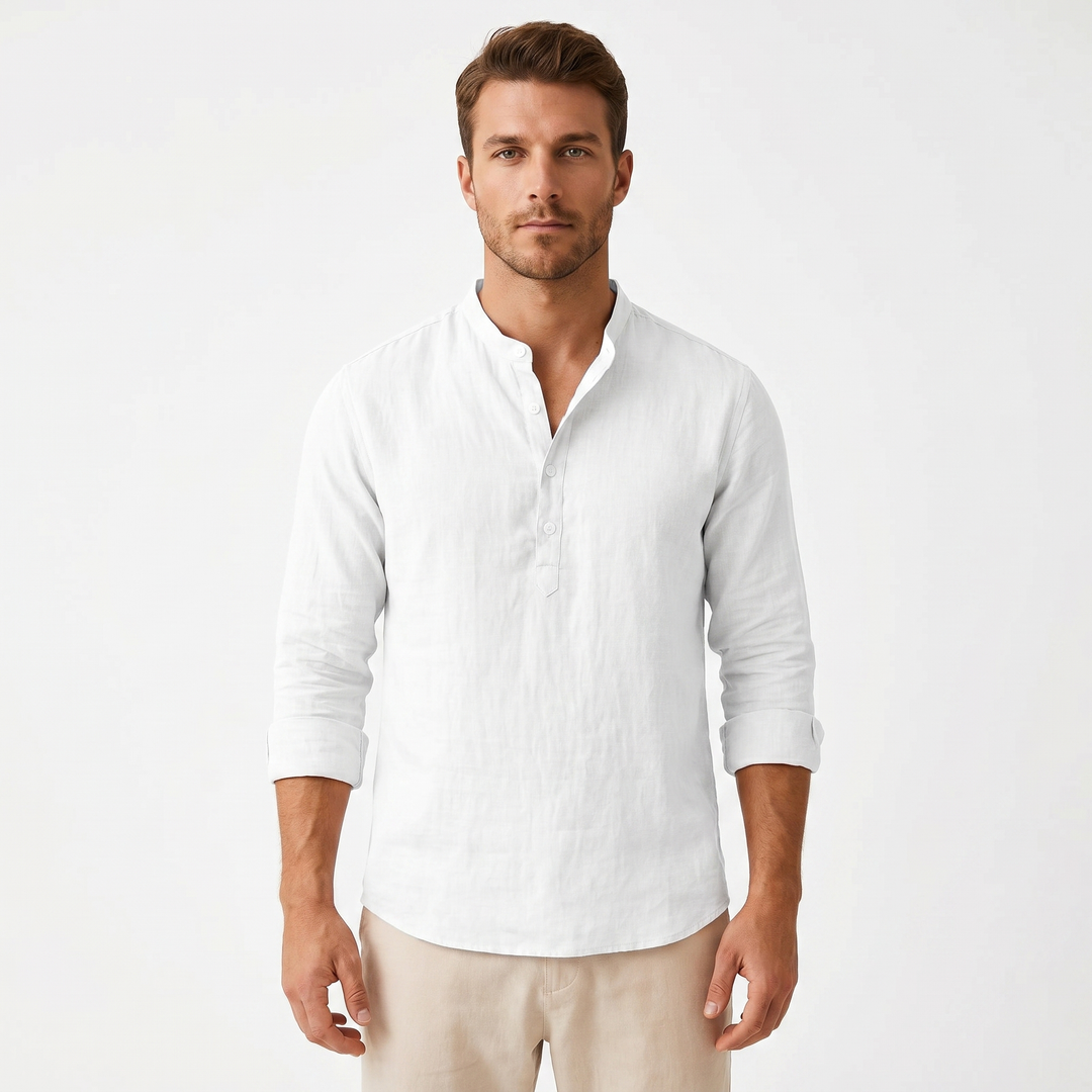 Men's Linen Henley Shirt Long Sleeve Band Collar Relaxed Fit Casual Summer