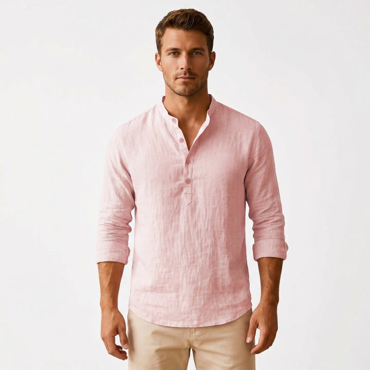 Men's Linen Henley Shirt Long Sleeve Band Collar Relaxed Fit Casual Summer