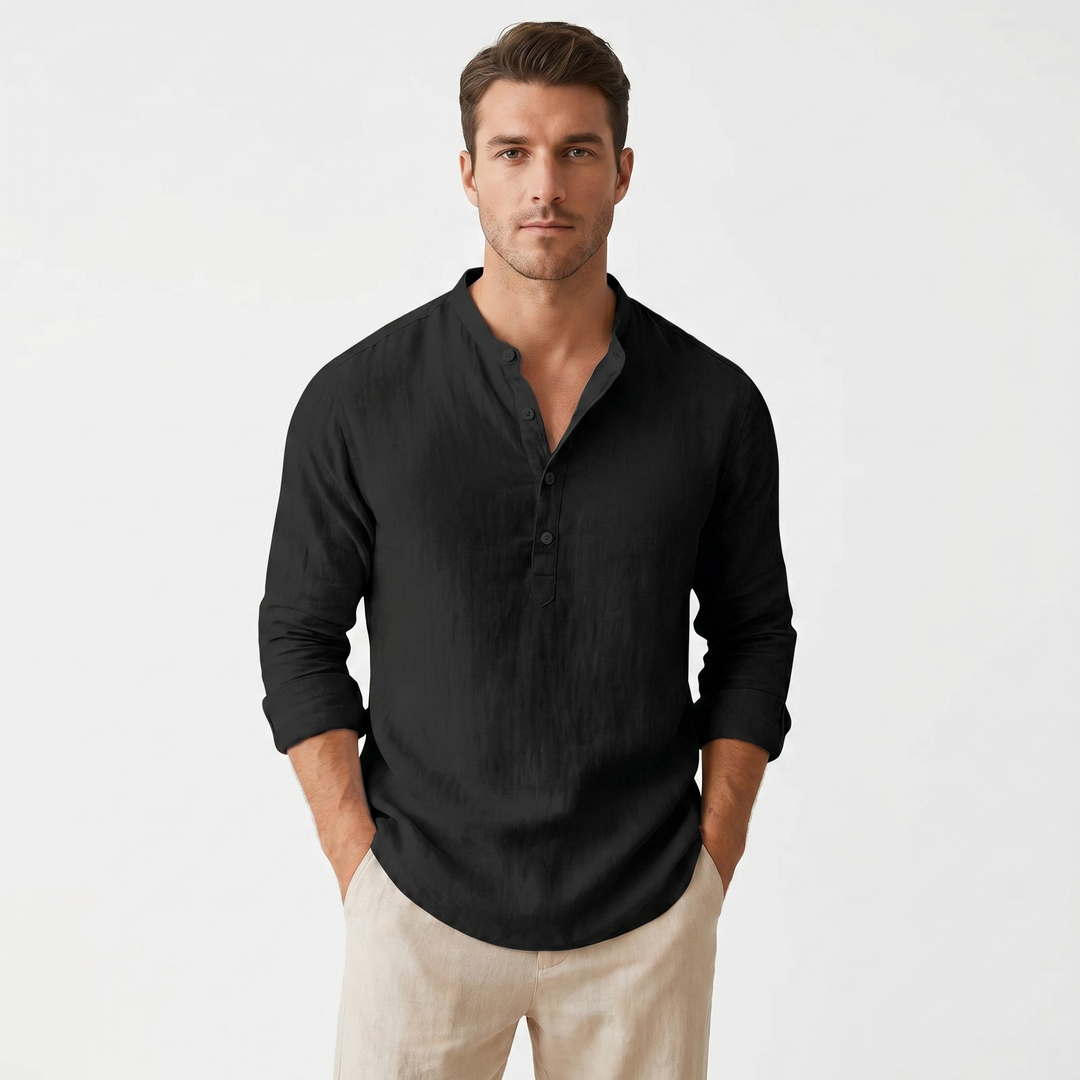 Men's Linen Henley Shirt Long Sleeve Band Collar Relaxed Fit Casual Summer