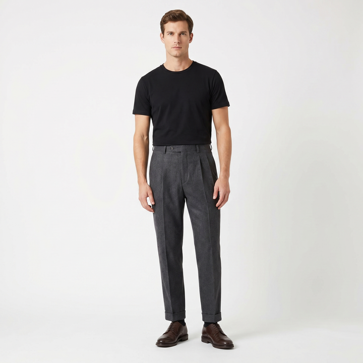 Men's Pleated Wool Blend Trousers Tapered Leg Cuffed Hem Smart Casual Dress Pants