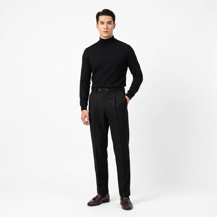 Men's Pleated Wool Blend Trousers Tapered Leg Cuffed Hem Smart Casual Dress Pants