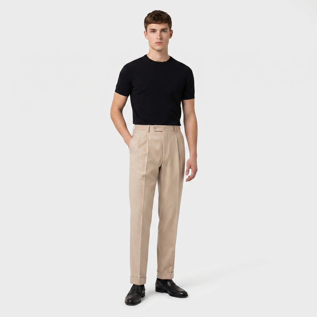 Men's Pleated Wool Blend Trousers Tapered Leg Cuffed Hem Smart Casual Dress Pants