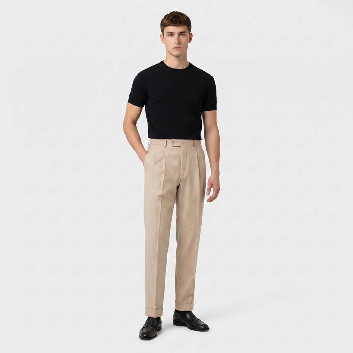 Men's Pleated Wool Blend Trousers Tapered Leg Cuffed Hem Smart Casual Dress Pants