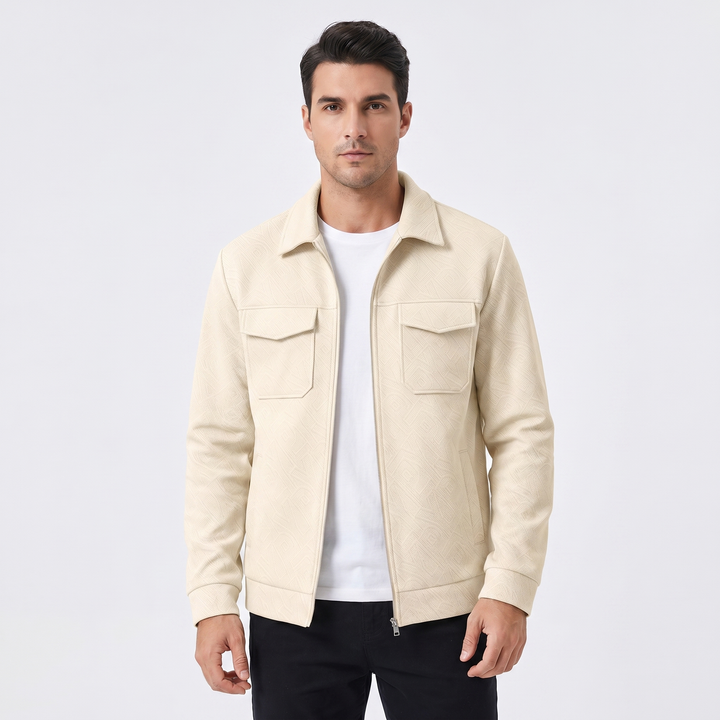 Men's Zip-Up Textured Jacket Spread Collar Chest Pocket Casual Outerwear