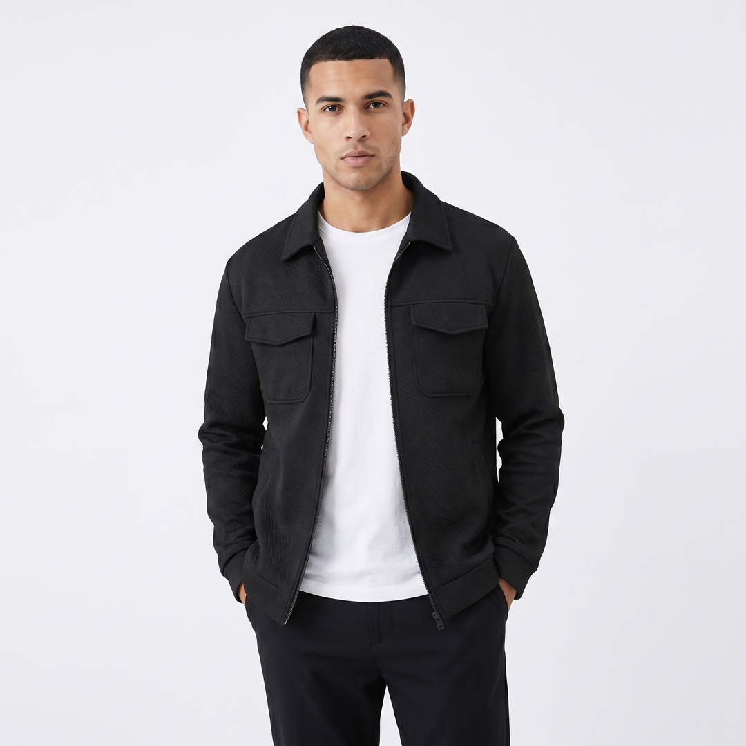 Men's Zip-Up Textured Jacket Spread Collar Chest Pocket Casual Outerwear