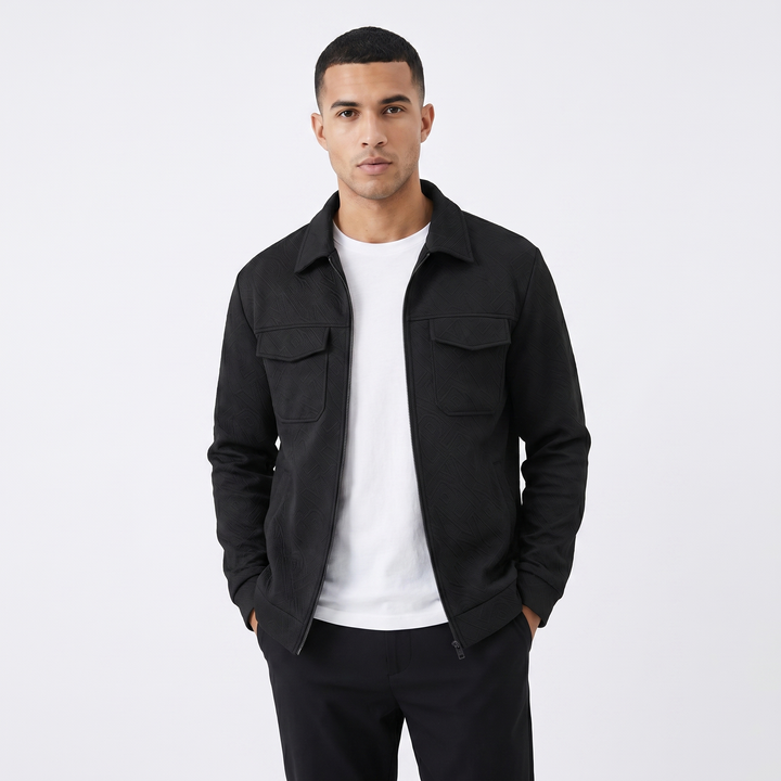 Men's Zip-Up Textured Jacket Spread Collar Chest Pocket Casual Outerwear