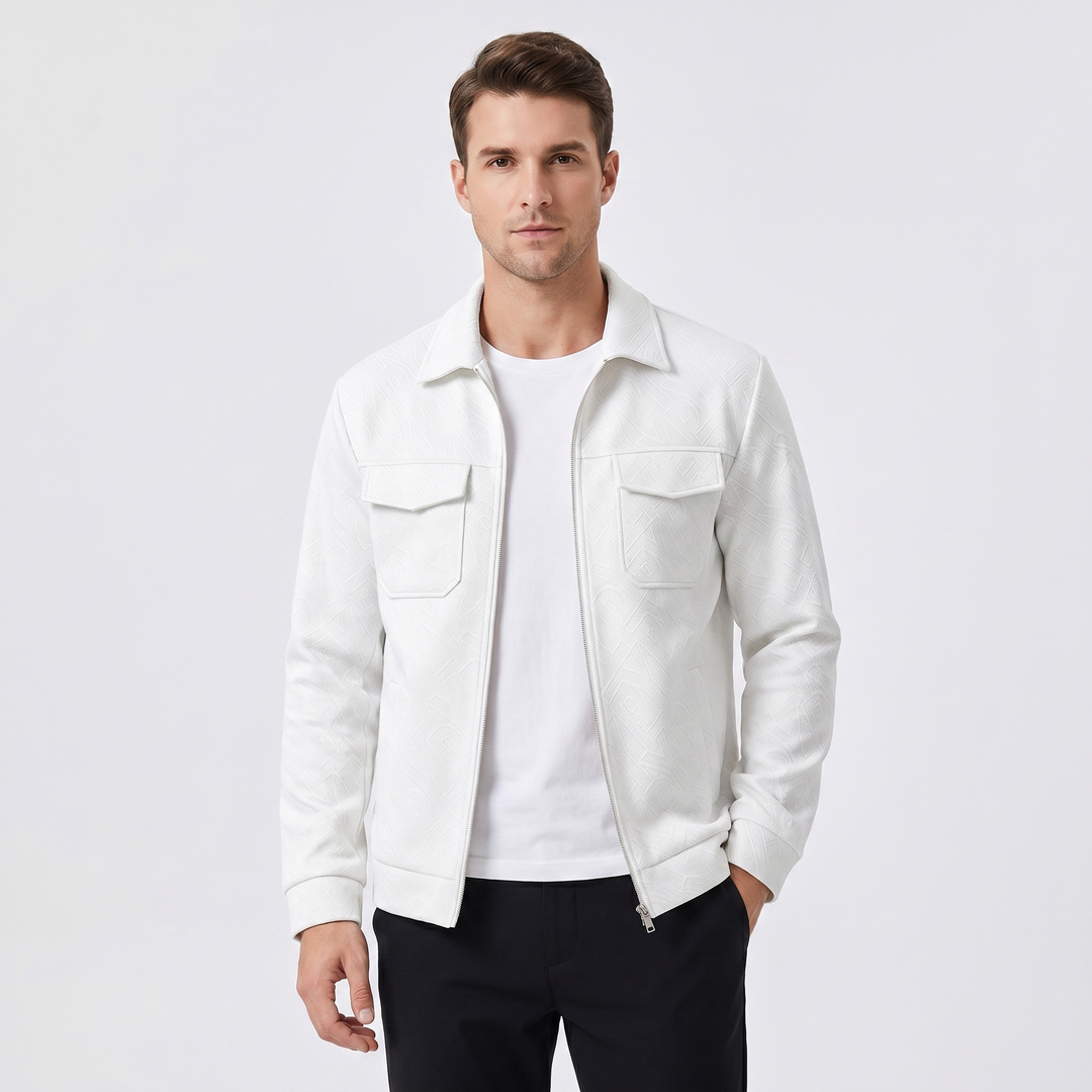Men's Zip-Up Textured Jacket Spread Collar Chest Pocket Casual Outerwear