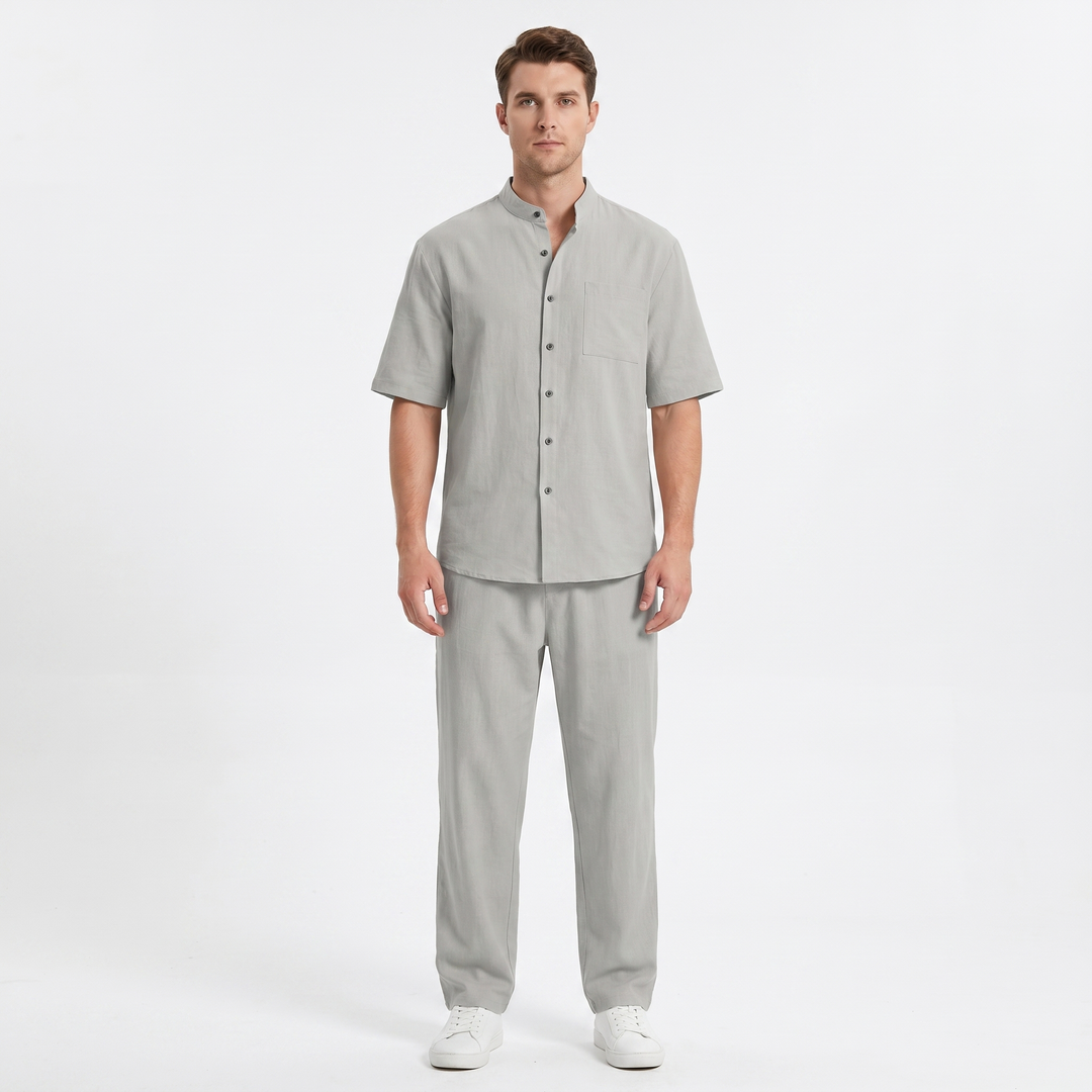 Men's Two-Piece Linen Set Band Collar Short Sleeve Shirt Wide-Leg Trousers
