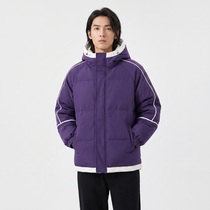 Men's Hooded Puffer Jacket Contrast Trim Quilted Winter Coat Oversized Fit