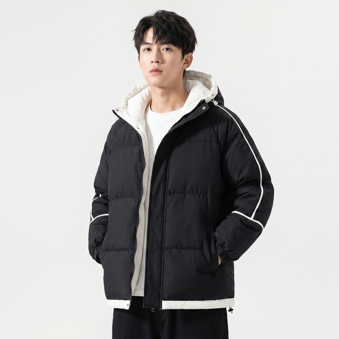 Men's Hooded Puffer Jacket Contrast Trim Quilted Winter Coat Oversized Fit